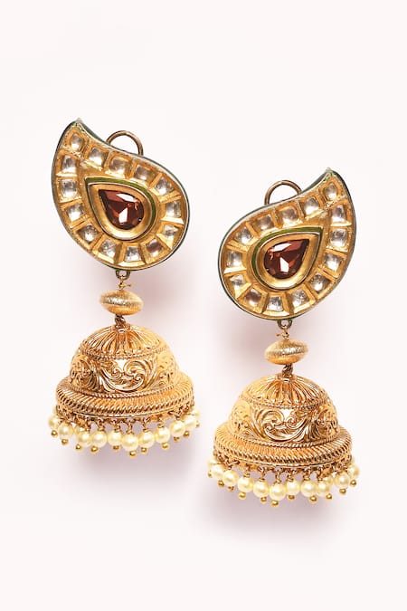 Shop_Anjali Jain_Gold Plated Stone Paisley Carved Jhumkas _Online_at_Aza_Fashions