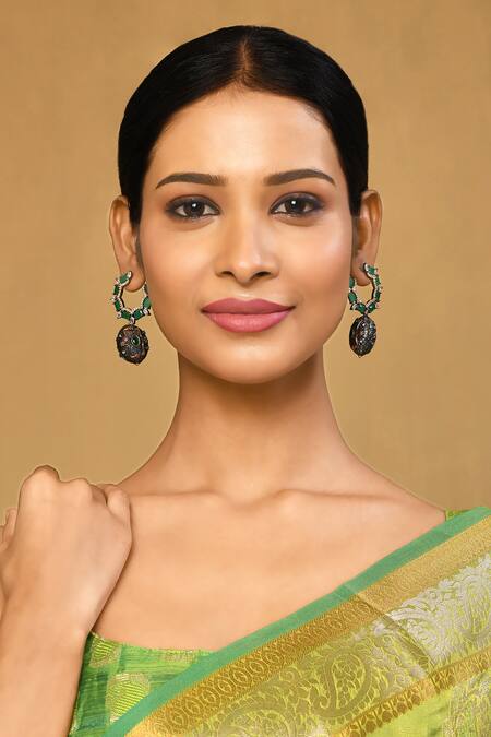 Anjali Jain_Green Stones, Beads, Diamonds American Embellished Earrings _Online_at_Aza_Fashions