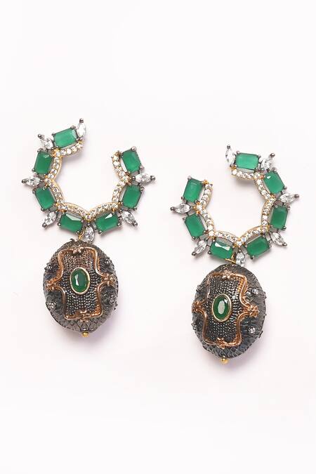Buy_Anjali Jain_Green Stones, Beads, Diamonds American Embellished Earrings _Online_at_Aza_Fashions