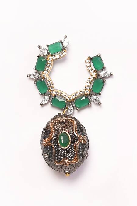 Shop_Anjali Jain_Green Stones, Beads, Diamonds American Embellished Earrings _Online_at_Aza_Fashions