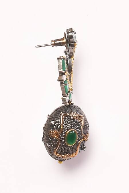 Anjali Jain_Green Stones, Beads, Diamonds American Embellished Earrings _at_Aza_Fashions