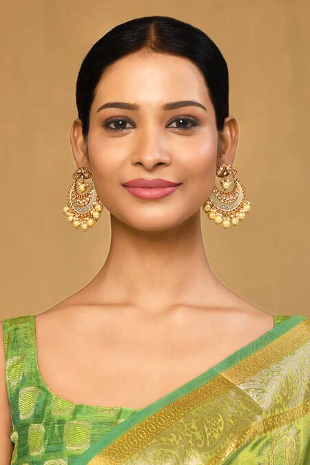 Anjali Jain_Gold Plated Pearls Kundan Embellished Cutwork Chandbalis _Online_at_Aza_Fashions