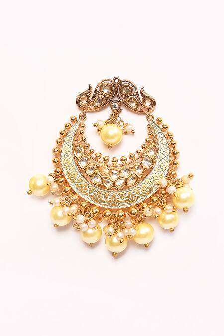 Shop_Anjali Jain_Gold Plated Pearls Kundan Embellished Cutwork Chandbalis _Online_at_Aza_Fashions