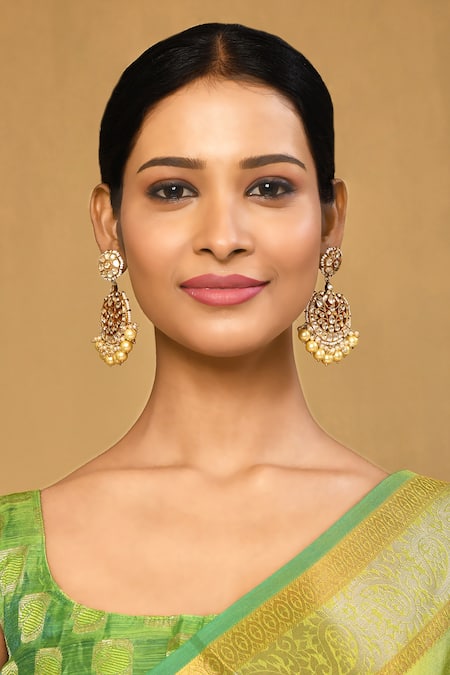 Anjali Jain_Gold Plated Pearls, Gota Patti Kundan Embellished Cutwork Chandbalis _Online_at_Aza_Fashions