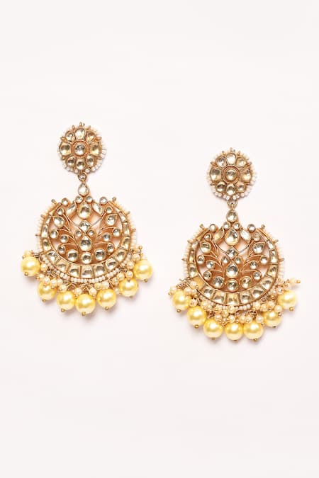 Buy_Anjali Jain_Gold Plated Pearls, Gota Patti Kundan Embellished Cutwork Chandbalis _Online_at_Aza_Fashions