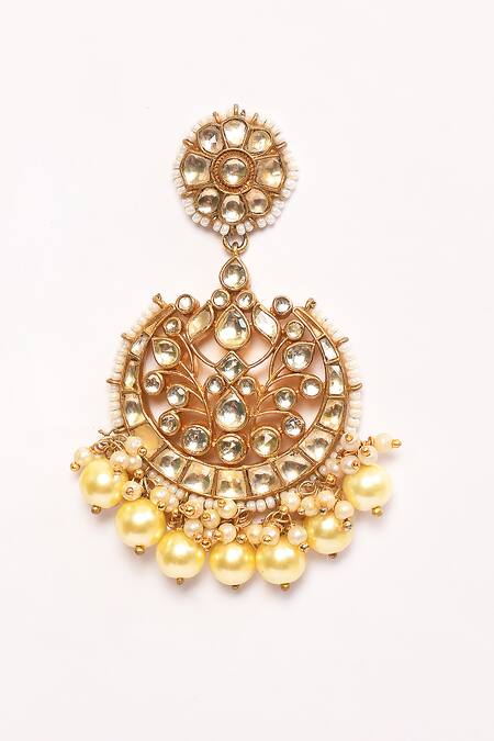 Shop_Anjali Jain_Gold Plated Pearls, Gota Patti Kundan Embellished Cutwork Chandbalis _Online_at_Aza_Fashions