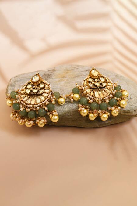 Shop_Anjali Jain_Gold Plated Kundan Pearl Drops Chandbalis _at_Aza_Fashions