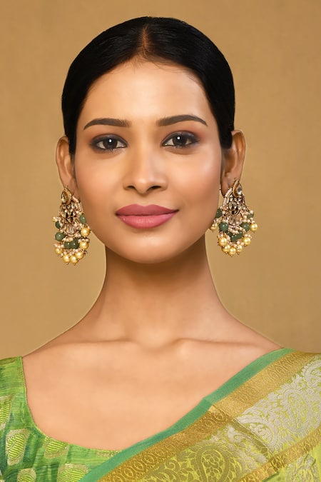 Anjali Jain_Gold Plated Kundan Pearl Drops Chandbalis _Online_at_Aza_Fashions