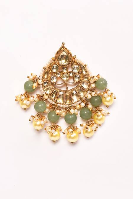 Shop_Anjali Jain_Gold Plated Kundan Pearl Drops Chandbalis _Online_at_Aza_Fashions
