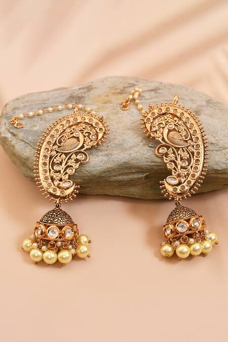 Shop_Anjali Jain_Gold Plated Kundan Peacock Carved Ear Cuffs _at_Aza_Fashions