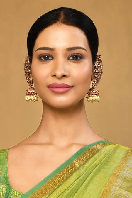 Anjali Jain_Gold Plated Kundan Peacock Carved Ear Cuffs _Online_at_Aza_Fashions