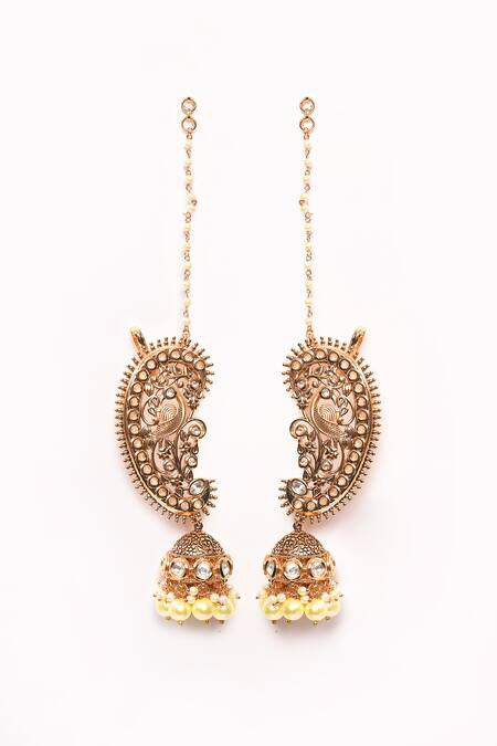 Buy_Anjali Jain_Gold Plated Kundan Peacock Carved Ear Cuffs _Online_at_Aza_Fashions