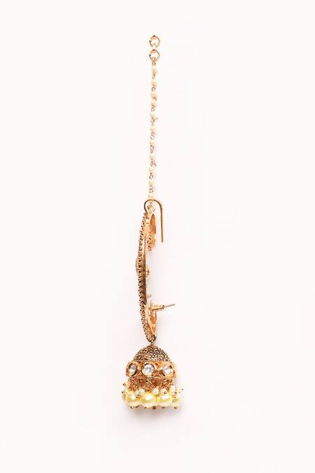 Anjali Jain_Gold Plated Kundan Peacock Carved Ear Cuffs _at_Aza_Fashions