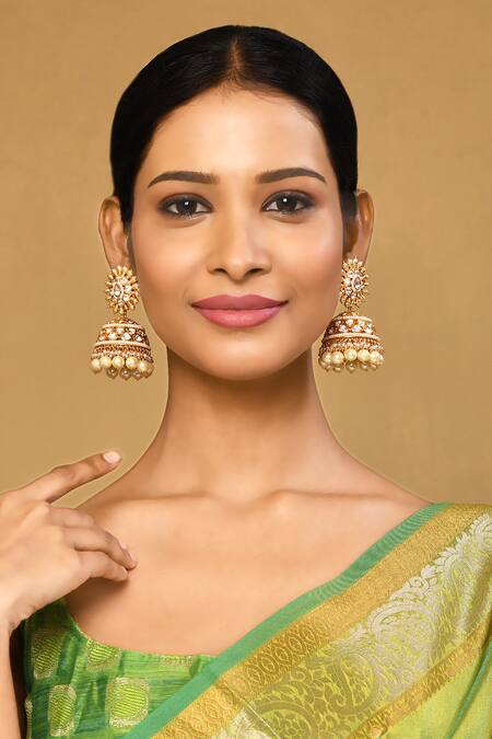 Anjali Jain_Gold Plated Kundan Pearl Drops Jhumkas _Online_at_Aza_Fashions