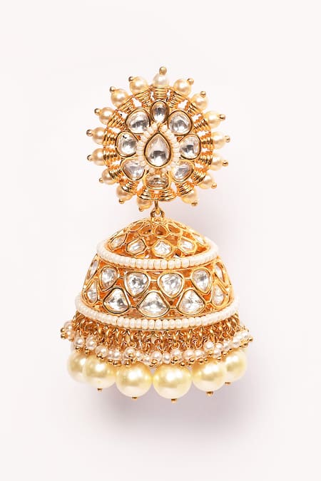 Shop_Anjali Jain_Gold Plated Kundan Pearl Drops Jhumkas _Online_at_Aza_Fashions