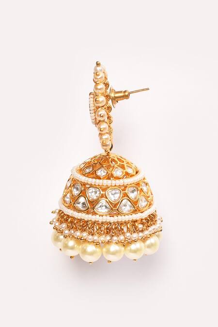 Anjali Jain_Gold Plated Kundan Pearl Drops Jhumkas _at_Aza_Fashions