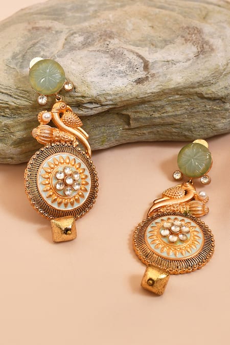 Shop_Anjali Jain_Gold Plated Bead Peacock Carved Earrings _at_Aza_Fashions