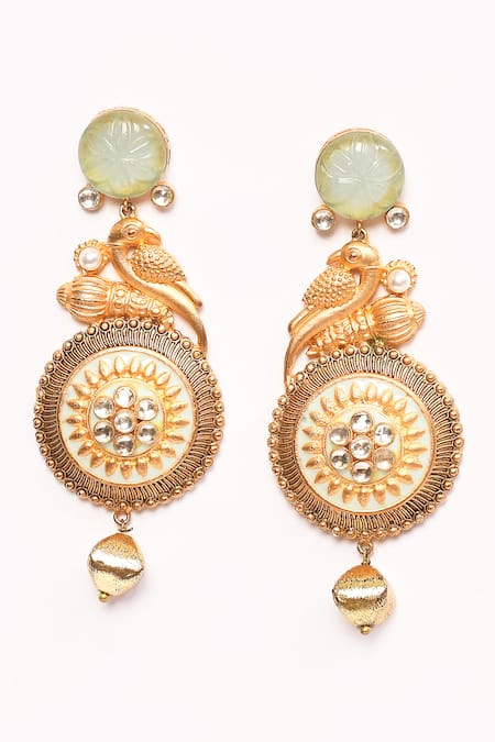 Buy_Anjali Jain_Gold Plated Bead Peacock Carved Earrings _Online_at_Aza_Fashions