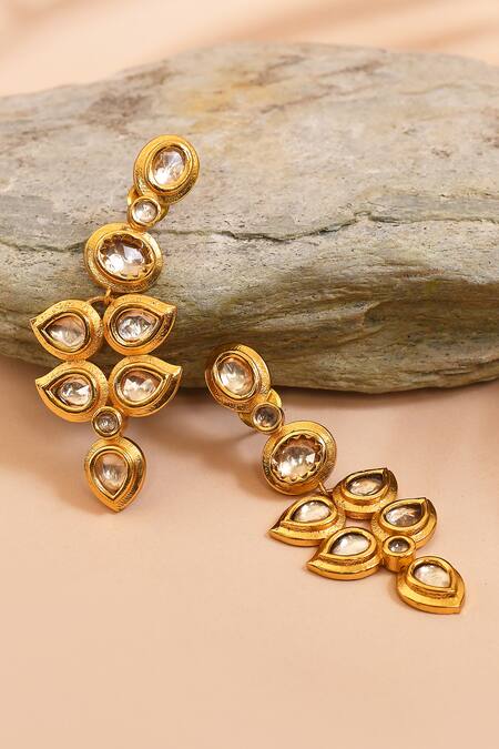 Shop_Anjali Jain_Gold Plated Diamonds, Stones Kundan Embellished Danglers_at_Aza_Fashions