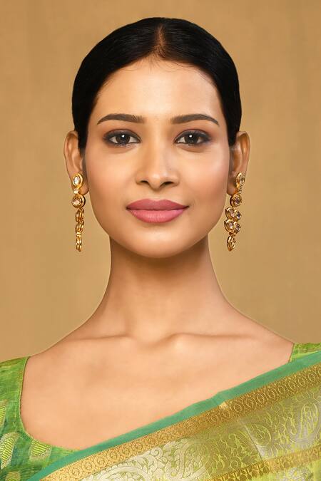 Anjali Jain_Gold Plated Diamonds, Stones Kundan Embellished Danglers_Online_at_Aza_Fashions