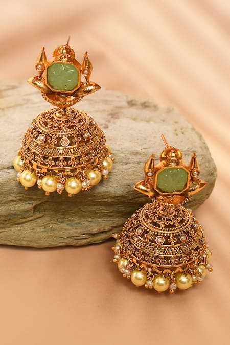 Shop_Anjali Jain_Gold Plated Stone Embellished Jhumkas _at_Aza_Fashions