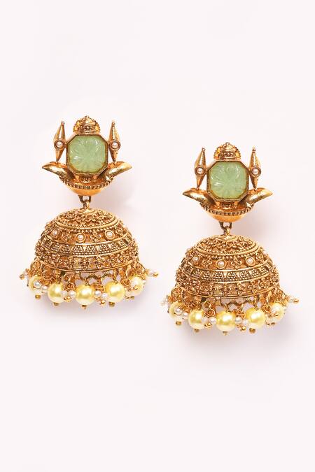 Shop_Anjali Jain_Gold Plated Stone Embellished Jhumkas _Online_at_Aza_Fashions