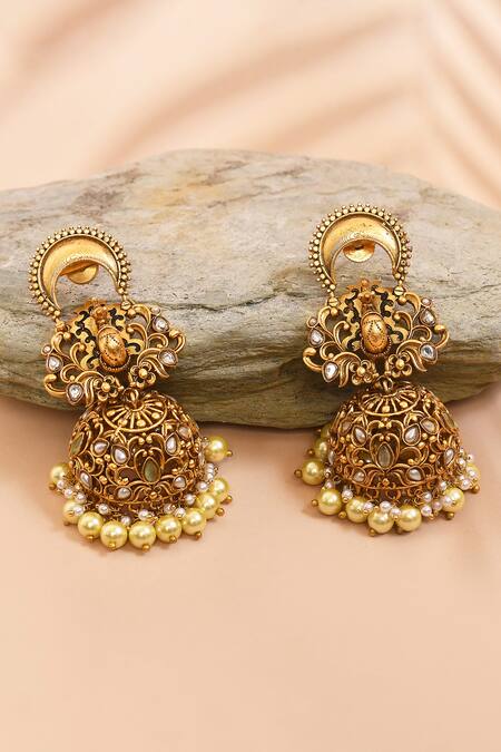 Shop_Anjali Jain_Gold Plated Pearls Peacock Carved Cutwork Earrings_at_Aza_Fashions