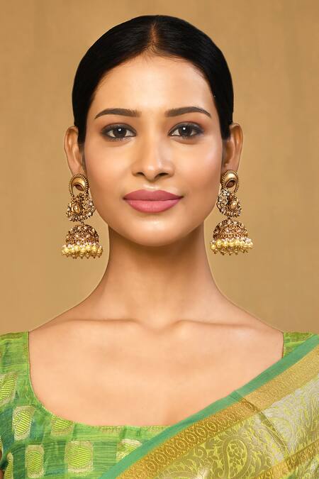 Anjali Jain_Gold Plated Pearls Peacock Carved Cutwork Earrings_Online_at_Aza_Fashions