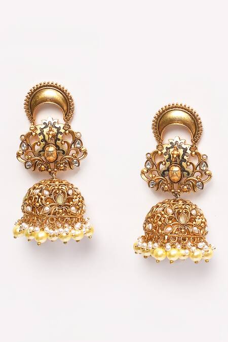 Buy_Anjali Jain_Gold Plated Pearls Peacock Carved Cutwork Earrings_Online_at_Aza_Fashions