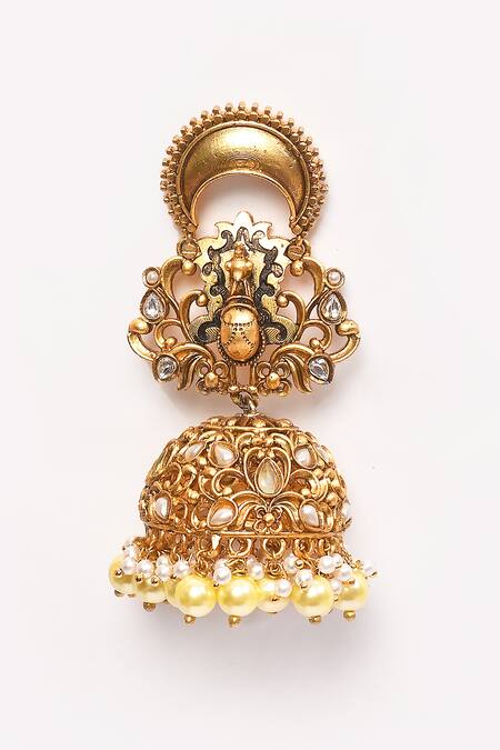 Shop Anjali Jain Gold Plated Pearls Peacock Carved Cutwork Earrings Online at Aza Fashions Shop_Anjali Jain_Gold Plated Pearls Peacock Carved Cutwork Earrings_Online_at_Aza_Fashions