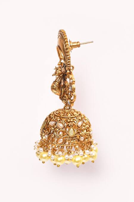 Anjali Jain_Gold Plated Pearls Peacock Carved Cutwork Earrings_at_Aza_Fashions