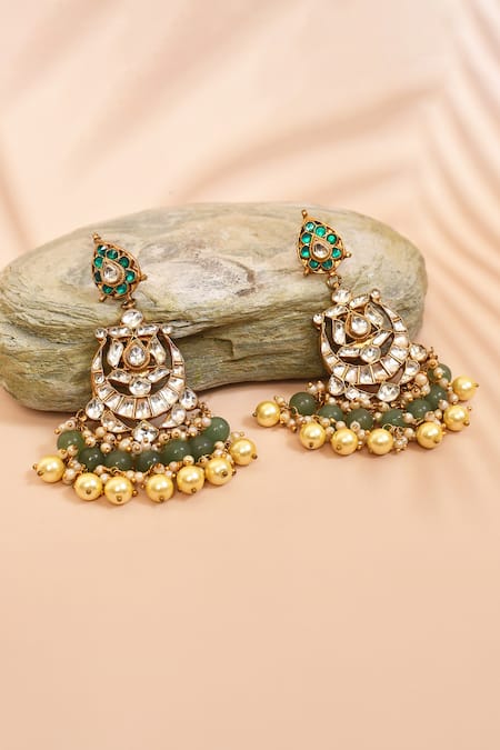 Shop_Anjali Jain_Green Pearls Embellished Chandbali Earrings_at_Aza_Fashions