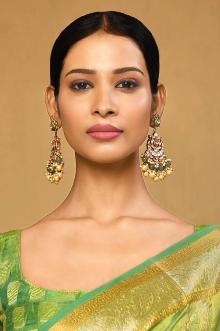 Anjali Jain_Green Pearls Embellished Chandbali Earrings_Online_at_Aza_Fashions