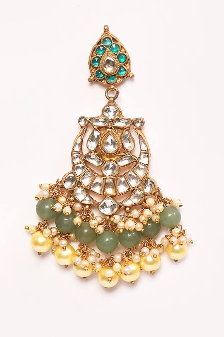 Shop Anjali Jain Green Pearls Embellished Chandbali Earrings Online at Aza Fashions Shop_Anjali Jain_Green Pearls Embellished Chandbali Earrings_Online_at_Aza_Fashions