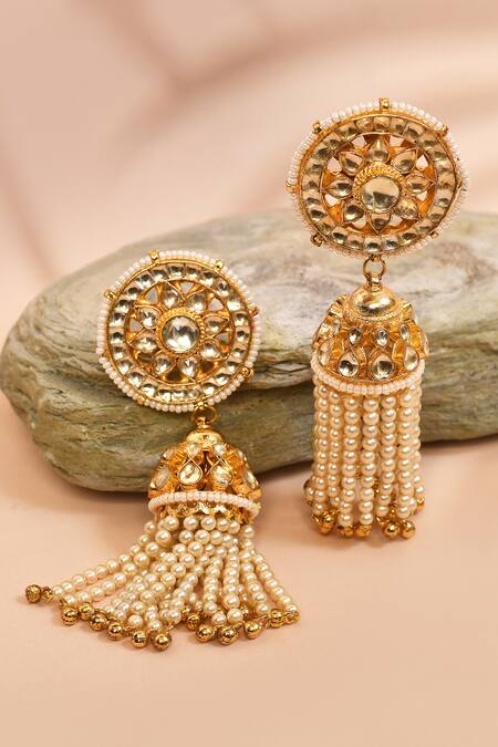 Shop_Anjali Jain_Gold Plated Pearls Kundan Embellished Jhumkas _at_Aza_Fashions