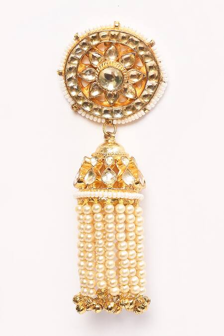 Shop_Anjali Jain_Gold Plated Pearls Kundan Embellished Jhumkas _Online_at_Aza_Fashions