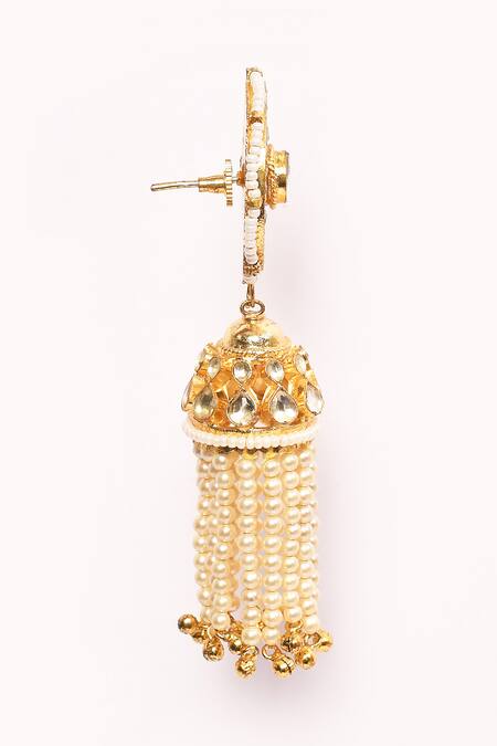 Anjali Jain_Gold Plated Pearls Kundan Embellished Jhumkas _at_Aza_Fashions