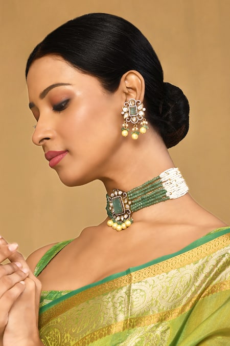 Anjali Jain Green Pearls Antique Kundan Pendant Choker Set