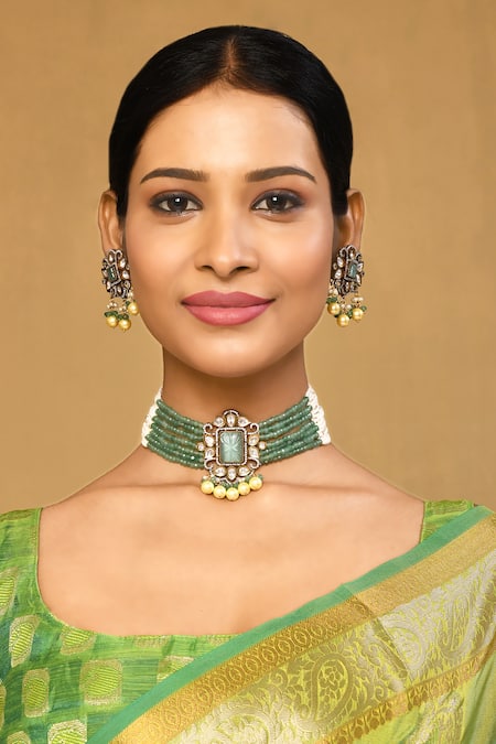 Anjali Jain_Green Pearls Antique Kundan Pendant Choker Set _Online_at_Aza_Fashions