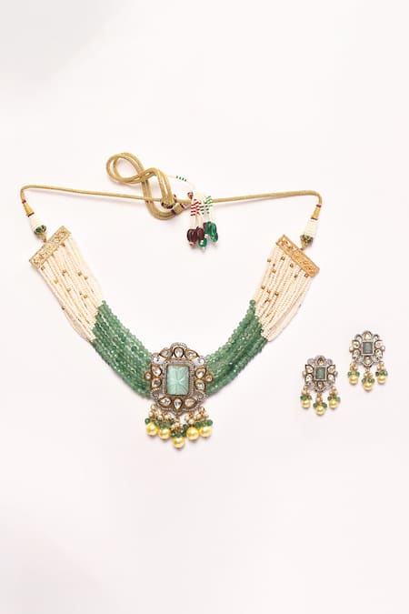 Buy_Anjali Jain_Green Pearls Antique Kundan Pendant Choker Set _Online_at_Aza_Fashions