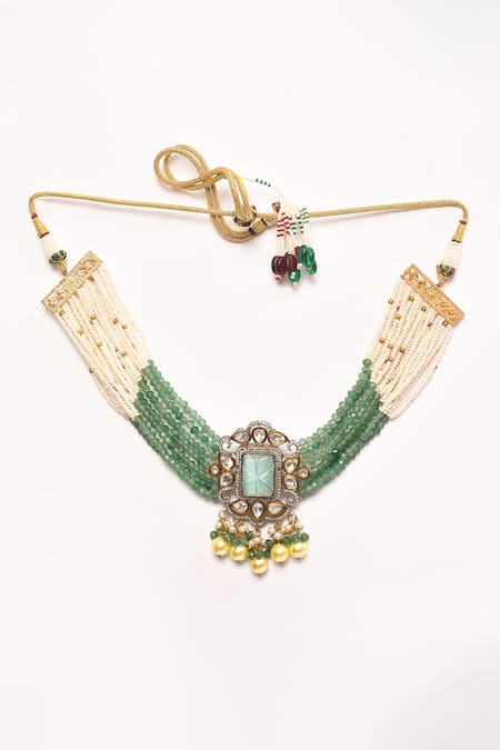 Shop_Anjali Jain_Green Pearls Antique Kundan Pendant Choker Set _Online_at_Aza_Fashions