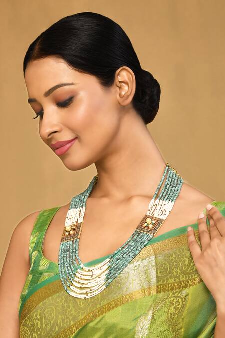 Anjali Jain_Blue Stones And Pearl Embellished Necklace_Online_at_Aza_Fashions