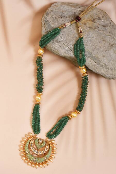 Shop_Anjali Jain_Green Stones Crescent Moon Pendant Necklace _at_Aza_Fashions