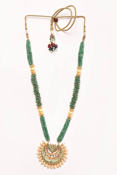 Buy_Anjali Jain_Green Stones Crescent Moon Pendant Necklace _Online_at_Aza_Fashions