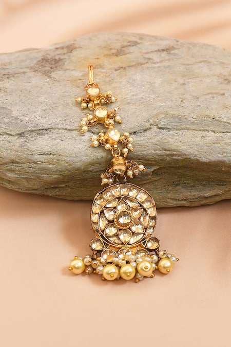 Shop_Anjali Jain_Gold Plated Pearls Kundan Embellished Maangtikka _at_Aza_Fashions