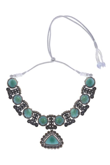 Auraa Trends_Blue Imitation Diamonds Embellished Choker Necklace Set _at_Aza_Fashions