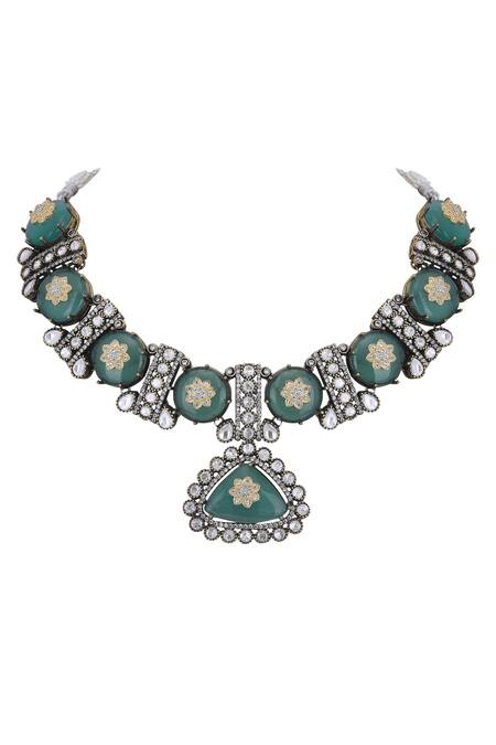 Buy_Auraa Trends_Blue Imitation Diamonds Embellished Choker Necklace Set 
