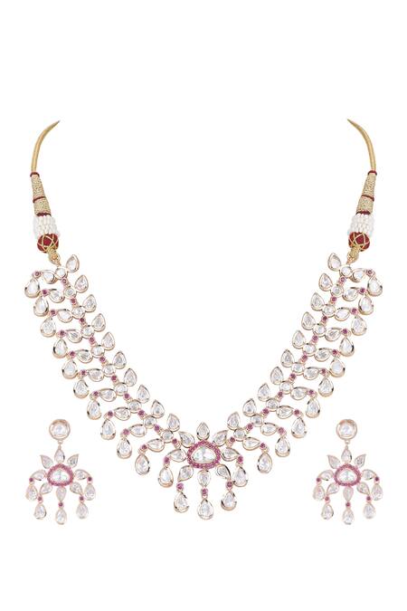 Buy_Auraa Trends_Red Zari, Diamonds Embellished Necklace Set _Online_at_Aza_Fashions