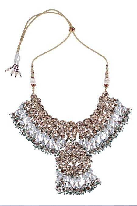 Auraa Trends_Gold Plated Imitation Diamonds Kundan Work Choker Necklace Set _at_Aza_Fashions