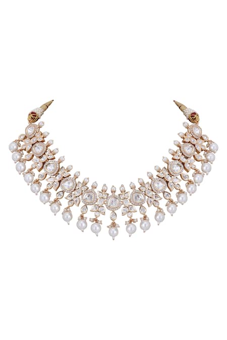 Auraa Trends_Gold Plated Diamonds, Pearls, Stones Embellished Choker Necklace Set _at_Aza_Fashions
